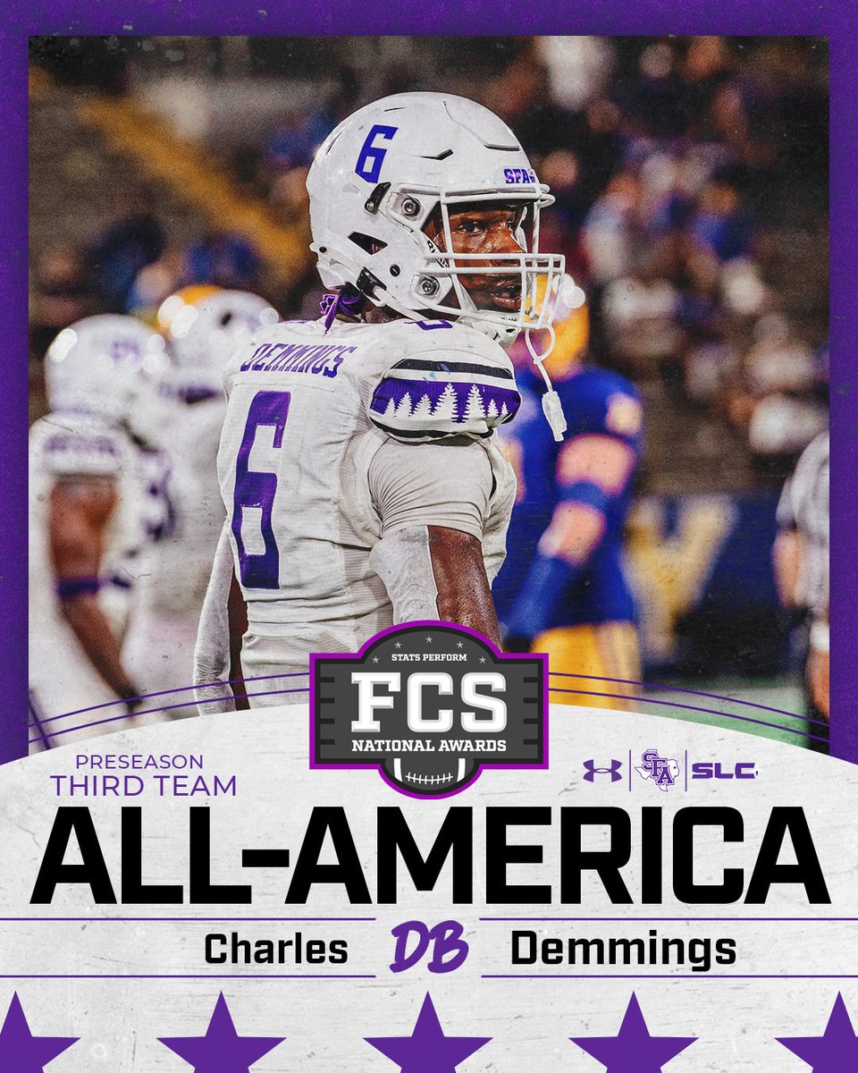 Lumberjack Football (@sfa_football) on Twitter photo 🇺🇸 𝐀𝐥𝐥-𝐀𝐦𝐞𝐫𝐢𝐜𝐚𝐧 🇺🇸
Congratulations, <a href="/freecharlieee/">Charles Demmings</a>, on being named to the Stats Perform FCS Preseason All-America Third Team!
#AxeEm x #EastTexasTough 🇺🇸 𝐀𝐥𝐥-𝐀𝐦𝐞𝐫𝐢𝐜𝐚𝐧 🇺🇸
Congratulations, <a href="/freecharlieee/">Charles Demmings</a>, on being named to the Stats Perform FCS Preseason All-America Third Team!
#AxeEm x #EastTexasTough
