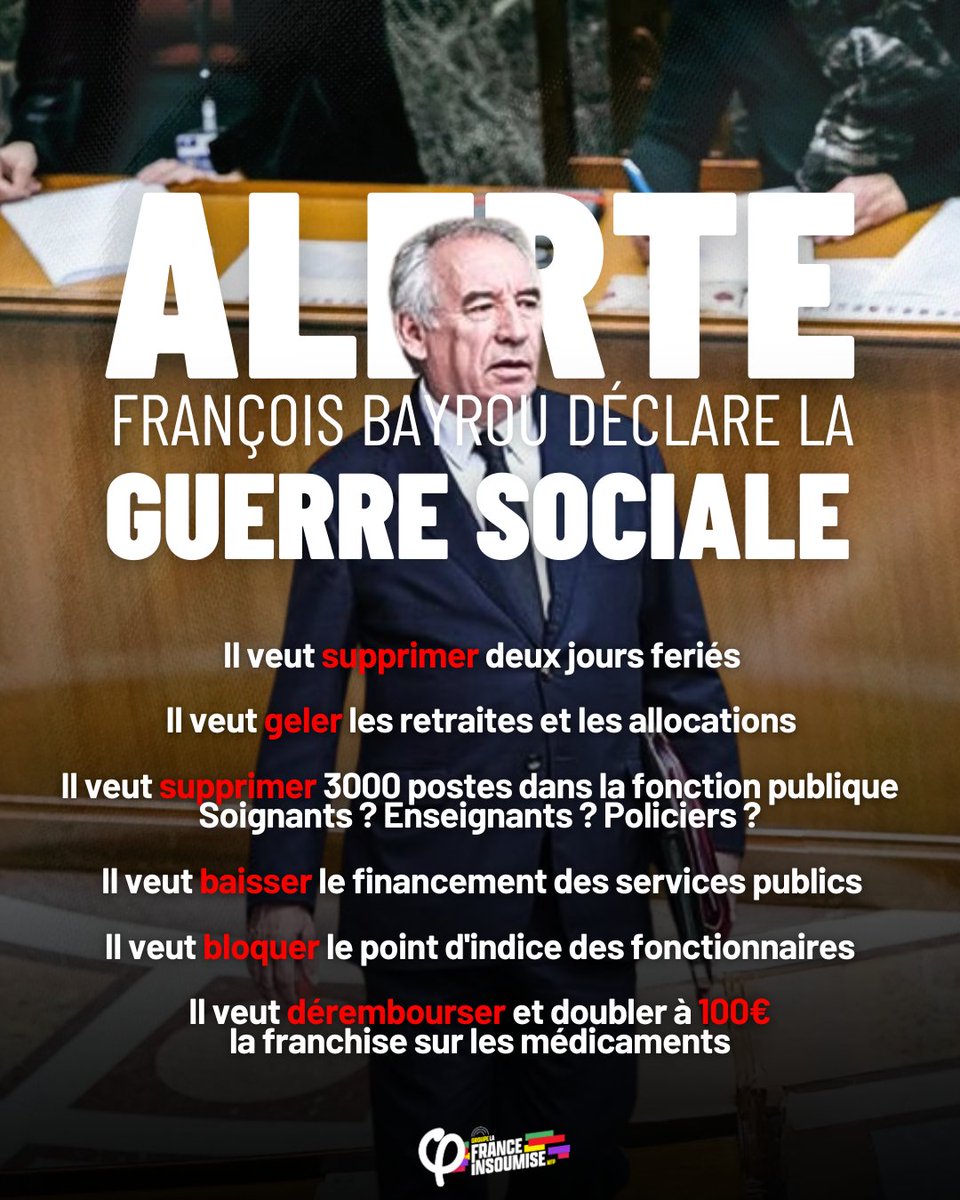FiAssemblee's tweet photo. 🔴⚡️ ALERTE #Budget2026 : Bayrou déclare la guerre sociale !

❌ Il veut économiser 43,8 milliards d'euros sur le dos des plus précaires.

Nous lui imposerons la censure !

#CensureBayrou https://t.co/tjTyVwraH9