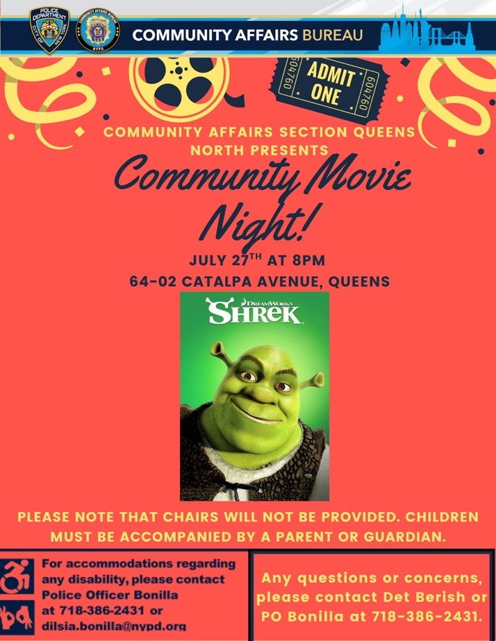 NYPD104Pct's tweet image. Join us at the 104th Precinct on July 27th at 8pm for our Community Movie Night!
Bring a lawn chair, grab some snacks, and enjoy a free outdoor screening under the stars with friends, family, and neighbors!