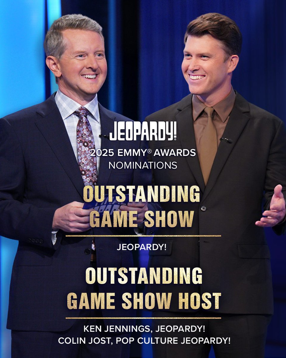 Jeopardy's tweet image. Talk about hosts with the most! Congratulations to both Ken Jennings and Colin Jost, and the whole Jeopardy! team on the 140th Emmy® nominations for the show! Thank you @TelevisionAcad #Jeopardy! #Emmys