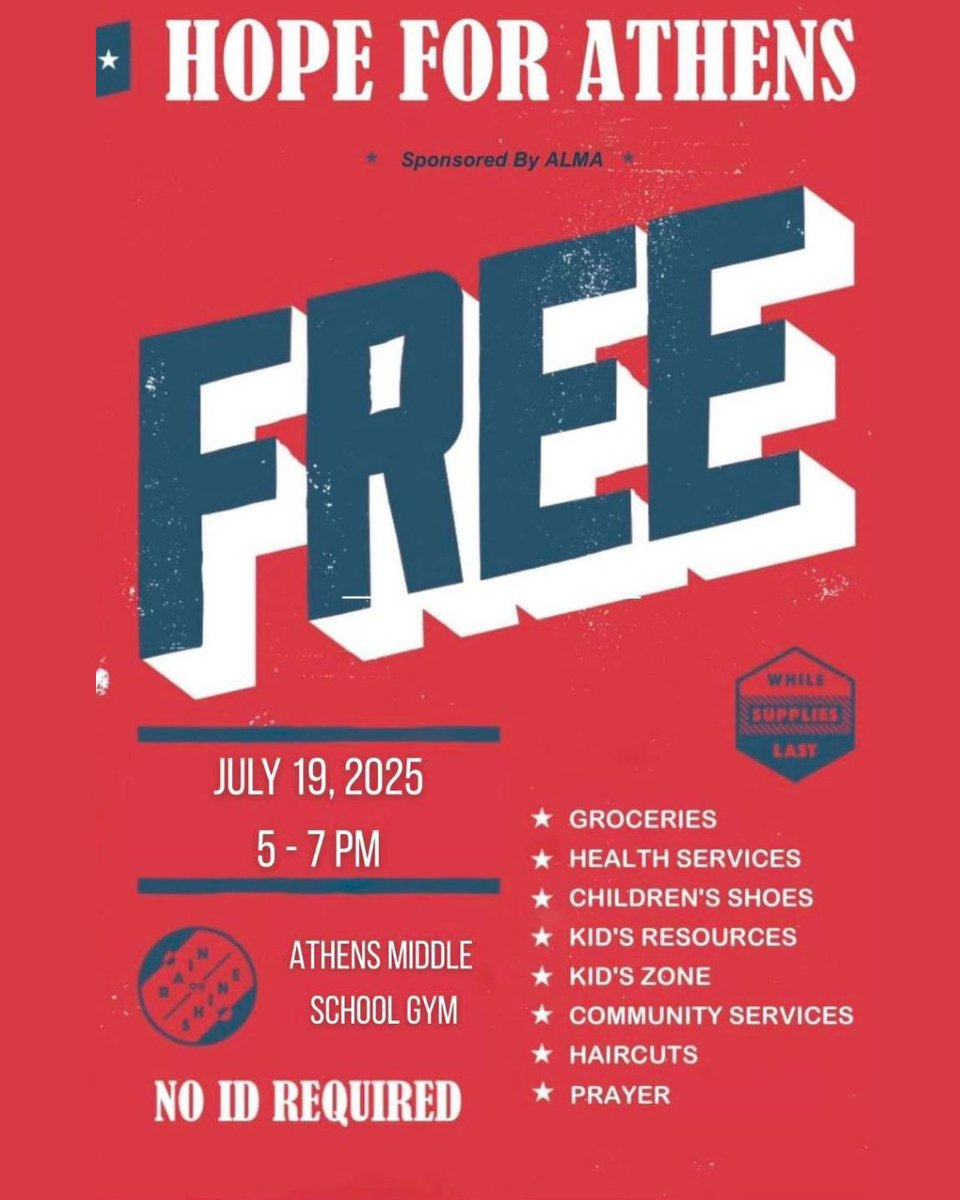MARK YOUR CALENDARS Hope for Athens will be held this Saturday, July 19, from 5:00 PM - 7:00 PM in the Athens Middle School Gymnasium. This special event, sponsored by the Athens-Limestone Ministerial Alliance, will feature FREE family resources &amp; activities. No ID required.
