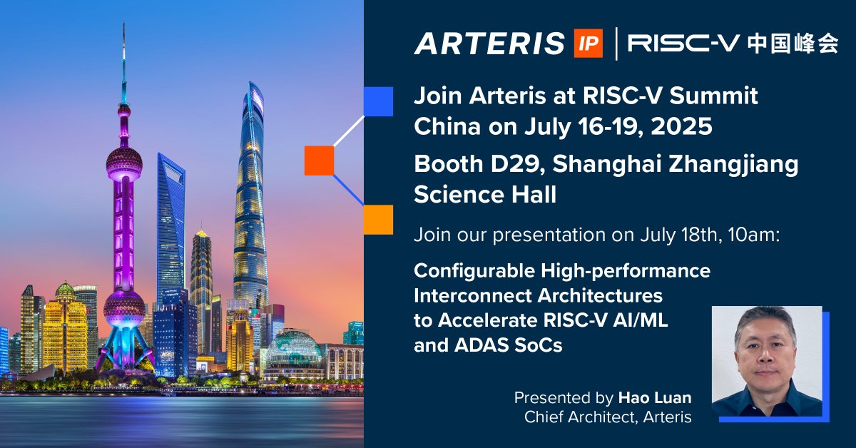 #Arteris is heading to @RISC_V Summit China 2025!

📅 July 16-19 | 📍 Shanghai Zhangjiang Science Hall

We’re looking forward to joining the RISC-V community in Shanghai — exhibiting at booth D29, connecting, and sharing what’s next for scalable SoC design. Hope to see you there!
