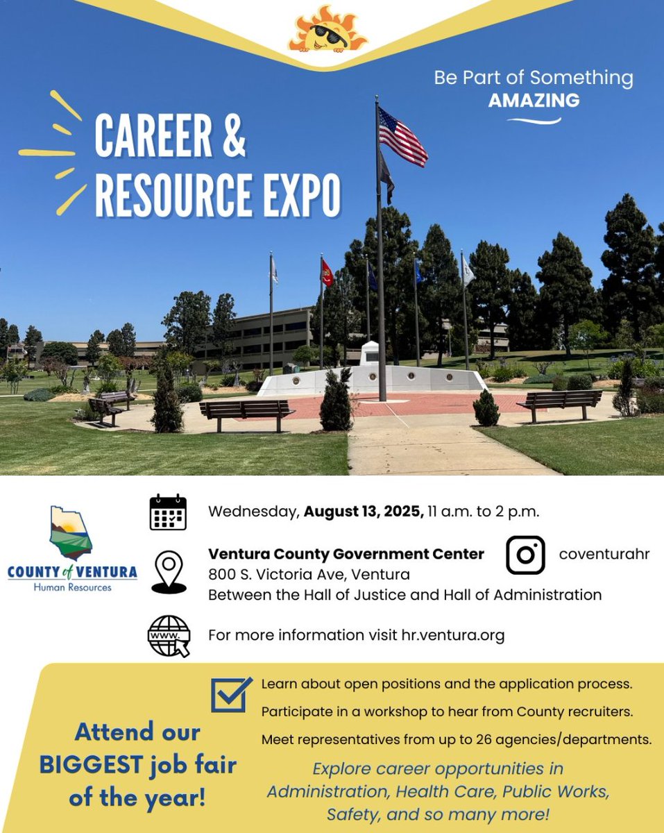 vcjaniceparvin's tweet image. County of Ventura Career & Resource Expo on August 13, 2025, from 11 AM to 2 PM!
Register here: surveymonkey.com/r/HTBDLV2
📍 Ventura County Government Center courtyard
🎟️ Free event & parking
For more information visit hr.ventura.org
Reposted from @coventurahr