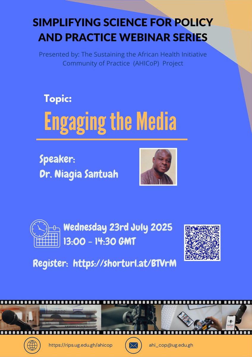 RIPS_UG_'s tweet image. Join Dr. Niagia Santuah for a powerful session titled &quot;𝐄𝐧𝐠𝐚𝐠𝐢𝐧𝐠 𝐭𝐡𝐞 𝐌𝐞𝐝𝐢𝐚.&quot;

Date and Time: Wednesday, 23rd July 2025 | 13:00–14:30 GMT
Register now: shorturl.at/BTVrM

#Webinar #MediaEngagement #PolicyAndPractice #AHICoP #ScienceToPolicy