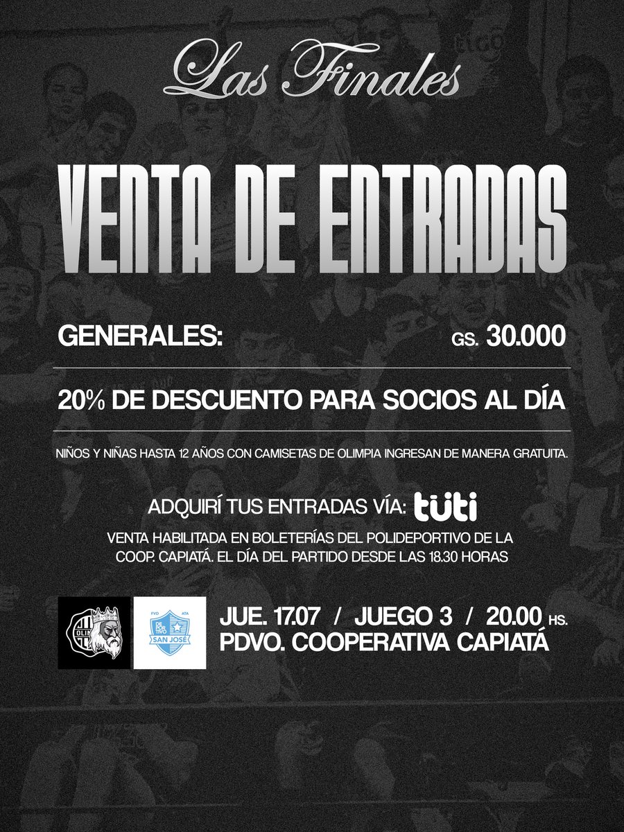 🫵🏻 𝐓𝐎𝐃𝐎𝐒 𝐉𝐔𝐍𝐓𝐎𝐒.

Una cita con la historia.

La oportunidad de regresar al trono, de volver a encontrarnos con la Gloria.

¡Todos al Polideportivo de la Cooperativa Capiatá! ⚔️

🔜 Comprá acá: eventos.tuti.com.py/event/olimpia-…

#Go𝐊𝐈𝐍𝐆𝐒 👑

#SoyDelOlimpia ⚪️⚫️⚪️