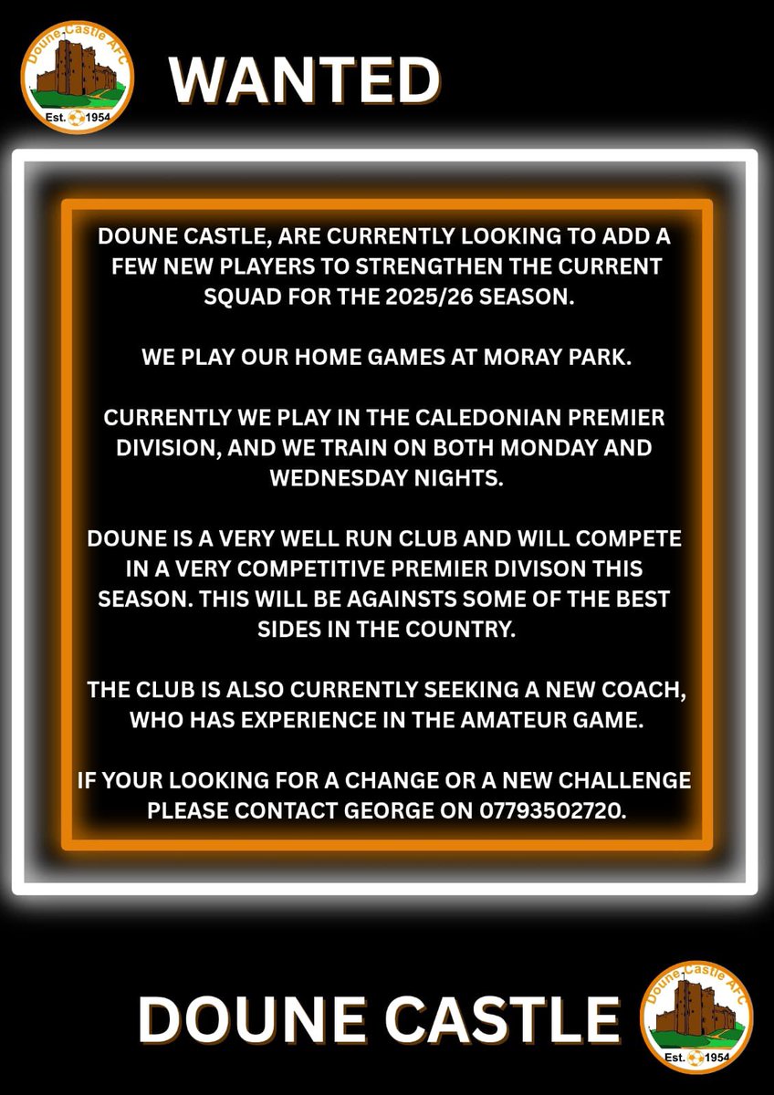 Doune Castle AFC (@dounecastle) on Twitter photo Doune Castle looking to extend the coaching team and welcome new players into the Moray Park family.
<a href="/ScotAmFA/">Scottish Amateur FA</a>
<a href="/DreweryEmma/">Emma Drewery Optom</a>
<a href="/Normansalmoni/">Salmoni Opticians</a> <a href="/Joinery71/">John Colquhoun</a> <a href="/sportstherapysc/">David Jenkins</a> <a href="/RGGRoofing/">Ronald G Graham Roofing and Building</a> <a href="/scotfootfixs/">Scottish Football Fixtures</a> <a href="/CaledonianAFA/">CaledonianLeague</a> Doune Castle looking to extend the coaching team and welcome new players into the Moray Park family.
<a href="/ScotAmFA/">Scottish Amateur FA</a>
<a href="/DreweryEmma/">Emma Drewery Optom</a>
<a href="/Normansalmoni/">Salmoni Opticians</a> <a href="/Joinery71/">John Colquhoun</a> <a href="/sportstherapysc/">David Jenkins</a> <a href="/RGGRoofing/">Ronald G Graham Roofing and Building</a> <a href="/scotfootfixs/">Scottish Football Fixtures</a> <a href="/CaledonianAFA/">CaledonianLeague</a>