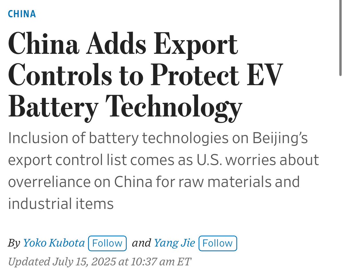 Art of the deal in two WSJ stories.

➡️ We unilaterally indicate we’ll remove export controls on the H20 so Beijing can dominate AI and seemingly ask for nothing in return. 

➡️ On the very same day, Beijing slaps export controls on battery technology.