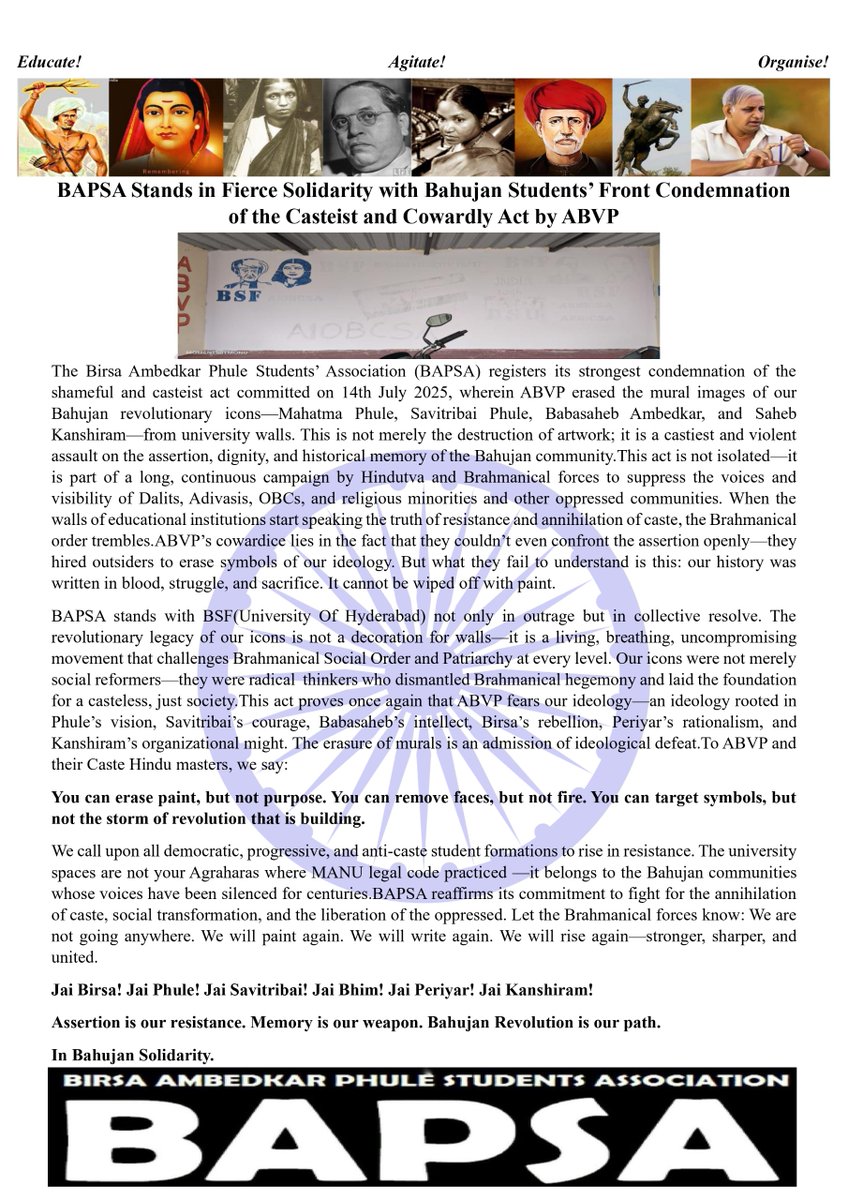 "You can erase faces, but not fire. You can target symbols, but not the storm of revolution."

BAPSA stands in fierce solidarity with Bahujan Students’ Front &amp; condemns ABVP’s casteist &amp; cowardly attack.

Read Full statement:
facebook.com/share/p/1FGRWQ…

#BahujanUnity #FightCasteism