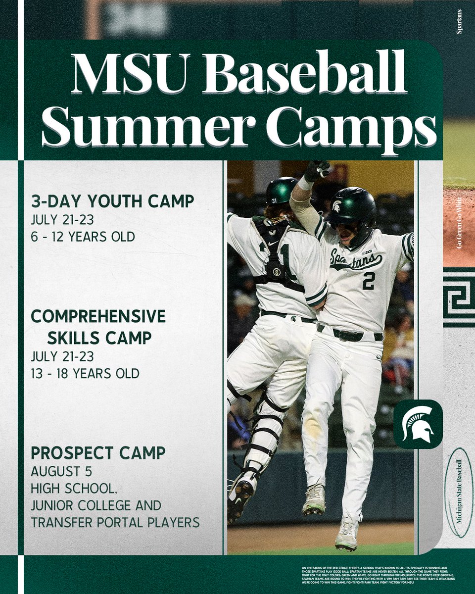 MSUBaseball's tweet image. 🚨2025 Spartan Baseball Summer Camps🚨
Space is still available for the remaining MSU baseball camps this summer for different age and skill levels!!
2 of the 3 are next week so get signed up TODAY:
📰: sprtns.co/25BSBSummerCam…
#GoGreen