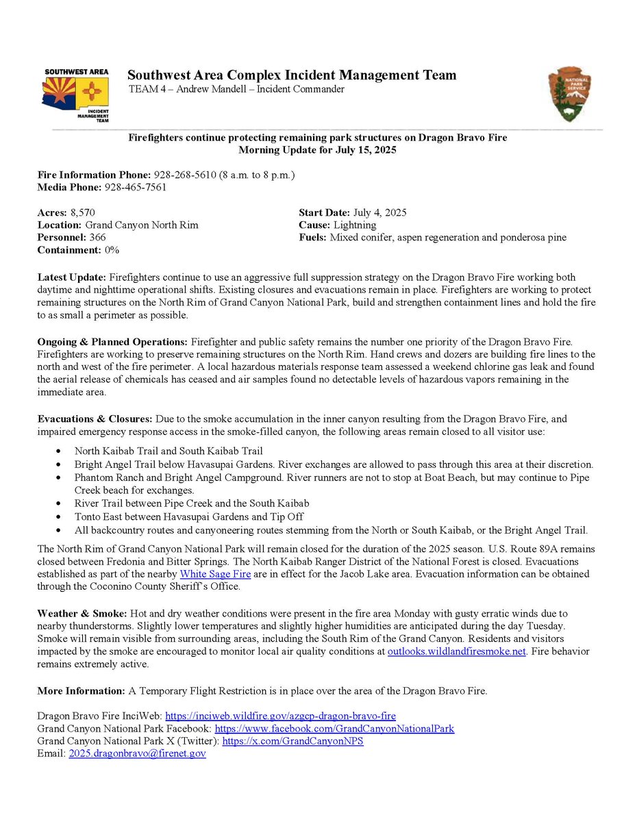GrandCanyonNPS's tweet image. #DragonBravoFire Update - Acres: 8,570; Containment: 0%; Personnel: 366. Firefighters continue aggressive full suppression strategy on day/night operational shifts. Closures/Evacuations in place. Priority on protecting remaining structures on North Rim of Grand Canyon NP,…