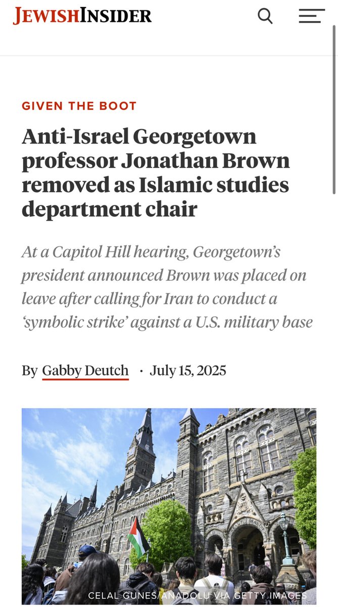 Asra Nomani (@asranomani) on Twitter photo BREAKING. After years of silence on the blatant anti-semitism <a href="/Georgetown/">Georgetown University</a>, the university’s president announces at <a href="/EdWorkforceCmte/">House Committee on Education & Workforce</a> that radical Muslim convert <a href="/JonathanACBrown/">Jonathan AC Brown</a> is out from his perch as chair of the Islamic studies department. By <a href="/J_Insider/">Jewish Insider</a>.
cc: <a href="/JoshKraushaar/">Josh Kraushaar</a> BREAKING. After years of silence on the blatant anti-semitism <a href="/Georgetown/">Georgetown University</a>, the university’s president announces at <a href="/EdWorkforceCmte/">House Committee on Education & Workforce</a> that radical Muslim convert <a href="/JonathanACBrown/">Jonathan AC Brown</a> is out from his perch as chair of the Islamic studies department. By <a href="/J_Insider/">Jewish Insider</a>.
cc: <a href="/JoshKraushaar/">Josh Kraushaar</a>