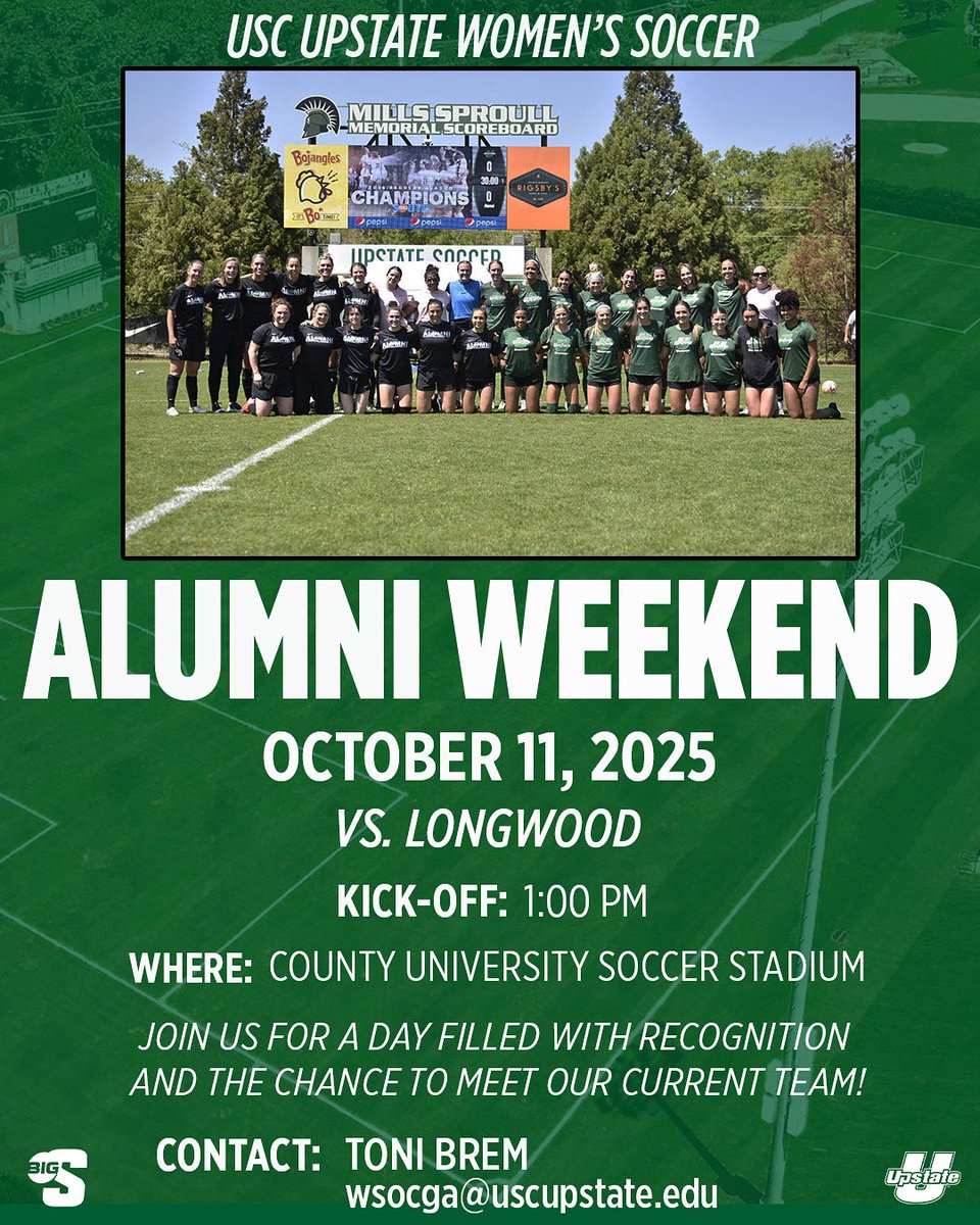 UpstateWSoccer's tweet photo. 𝑺𝒂𝒗𝒆 𝒕𝒉𝒆 𝒅𝒂𝒕𝒆! 🗓️

Our alumni weekend will be October 11th, 2025! 

More details to follow in the coming months.

#SpartanArmy ⚔️ https://t.co/QGHM6T30EE