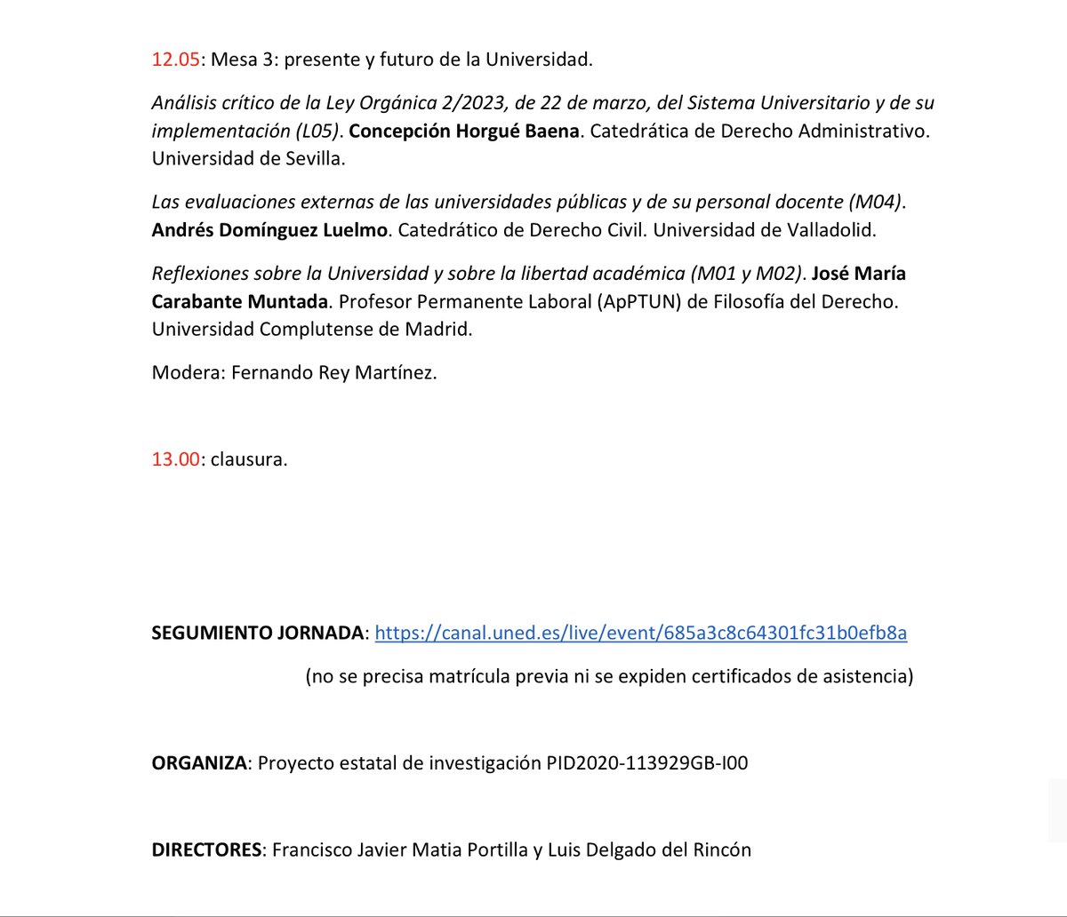 Teoría y Realidad Constitucional (@revistatrcuned) on Twitter photo Seminario
Los límites de la autonomía de las universidades públicas
Dirs. Javier Matia y Luis Delgado
<a href="/ACE_ACOES/">ACE_ACOES</a> <a href="/UVa_es/">Gabinete de Comunicación Universidad de Valladolid</a> <a href="/FcoJavierMatia/">Francisco Javier Matia Portilla</a>
puede seguirse en abierto en
👇👇👇
canal.uned.es/live/event/685… Seminario
Los límites de la autonomía de las universidades públicas
Dirs. Javier Matia y Luis Delgado
<a href="/ACE_ACOES/">ACE_ACOES</a> <a href="/UVa_es/">Gabinete de Comunicación Universidad de Valladolid</a> <a href="/FcoJavierMatia/">Francisco Javier Matia Portilla</a>
puede seguirse en abierto en
👇👇👇
canal.uned.es/live/event/685…