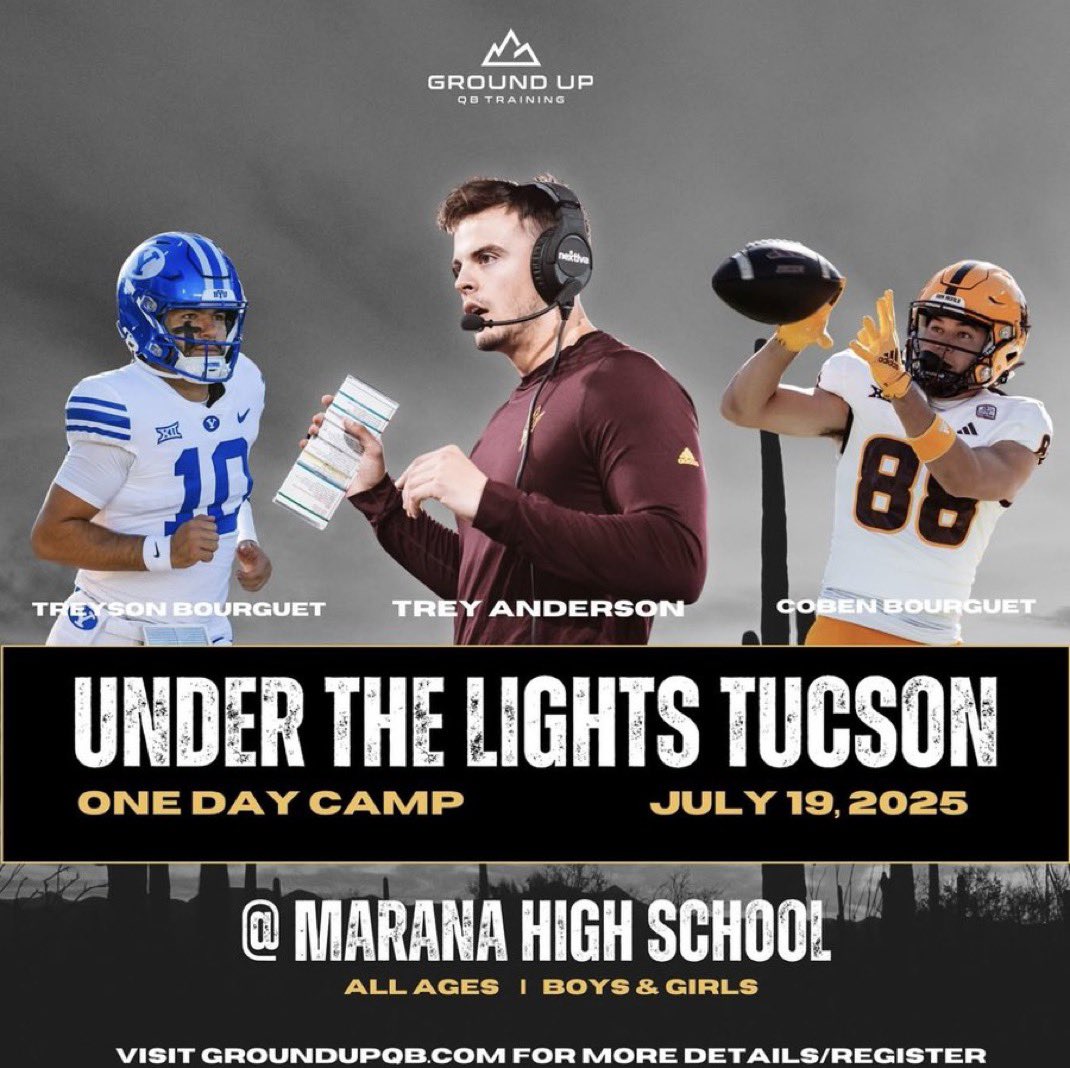 Coben_B's tweet image. 🚨 Tucson QBs and WRs!
Come get work THIS SATURDAY at our Under the Lights Camp 💡🔥
📍 Marana High School
🕡 6:30–8:30pm
Don’t miss your chance to level up with us!
Register here 👉 groundupqb.com/store/p/under-…
#TucsonFootball #QBTraining #GroundUpQB