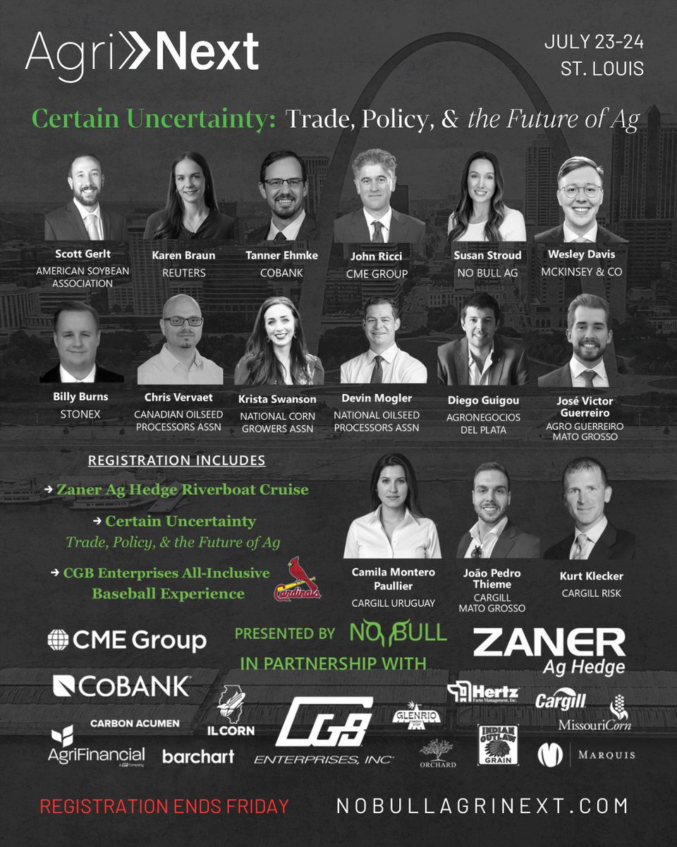 🚨 Last week to register! Join me and an all-star group of panelists in St. Louis next week for @AgriNext!

🚢 We’ll kick things off July 23 with the <a href="/ZanerAgHedge/">ZanerAgHedge</a> Riverboat Dinner Cruise, then dive into a full day of CERTAIN UNCERTAINTIES on July 24

👷‍♂️ We begin with Wesley