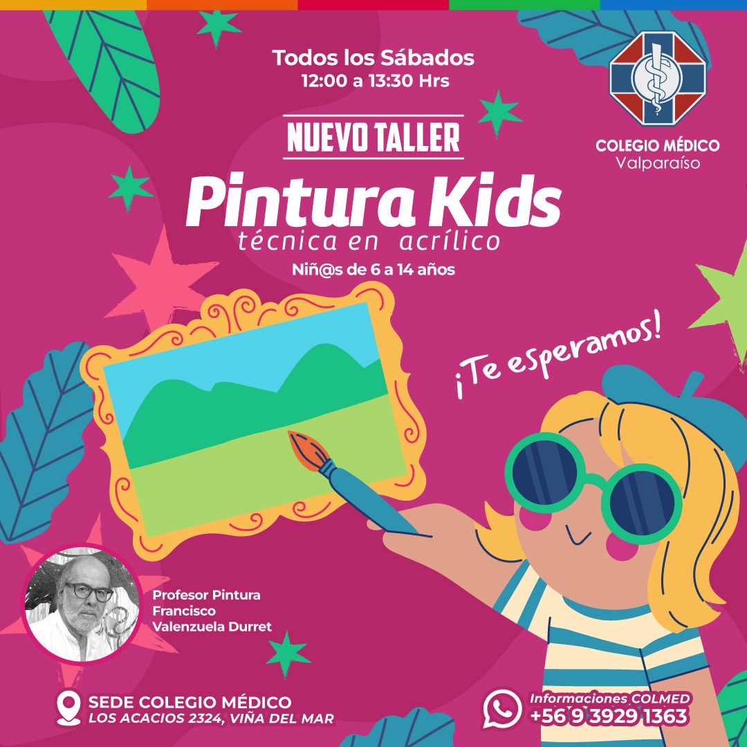 🎨✨ ¡Nuevo taller para  niñas y niños de 6 a 14 años  Pintura Kids  🖌️👩‍🎨👨‍🎨
📅 Sábados 🕛 12:00-13:30 hrs
📍 Sede ColMed: Los Acacios 2324, Viña del Mar
👨‍🏫 Profesor: Francisco Valenzuela
Ideal para fomentar la creatividad, desarrollar habilidades artísticas y pasarlo increíble.