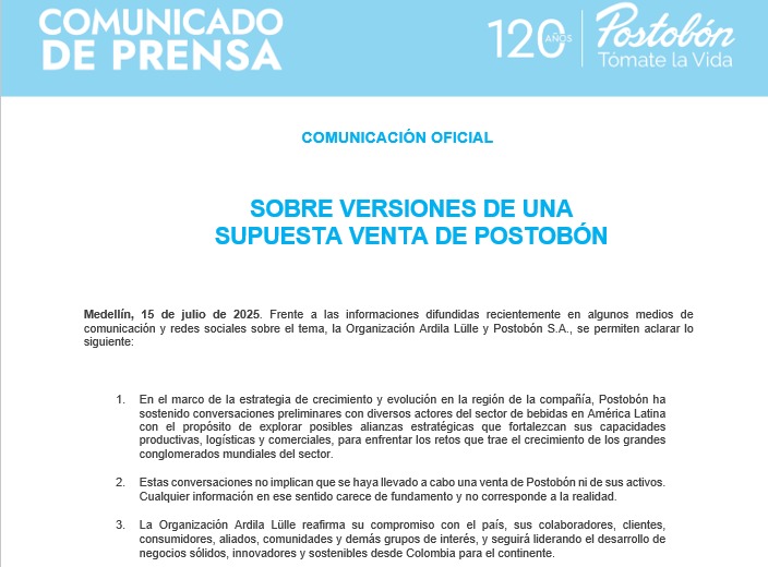 #Atento | La Organización Ardila Lülle informó que Postobón no está en venta. "Las conversaciones (con actores del sector de bebidas en América Latina) no implican que se haya llevado a cabo una venta de Postobón ni de sus activos. Cualquier información en ese sentido carece de