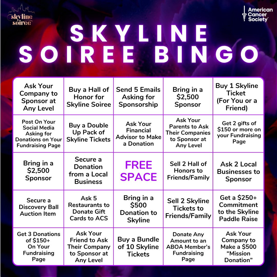 ACS ABOA Chicago (@aboa_chicago) on Twitter photo 🚨 Win #Lollapalooza Tickets! 🚨
Join our #SkylineSoiree BINGO Challenge—complete any 5 in a row for your chance to win 2 FREE Saturday Lollapalooza 2025 tickets!
Submit your completed cards to marisa.perino@cancer.org
e.givesmart.com/events/F2A/ 🚨 Win #Lollapalooza Tickets! 🚨
Join our #SkylineSoiree BINGO Challenge—complete any 5 in a row for your chance to win 2 FREE Saturday Lollapalooza 2025 tickets!
Submit your completed cards to marisa.perino@cancer.org
e.givesmart.com/events/F2A/