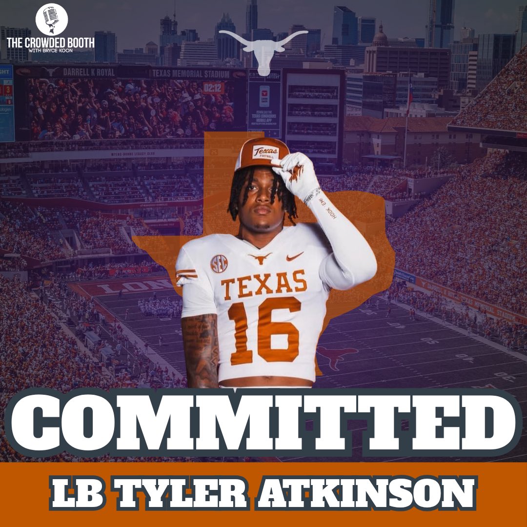 thecrowdedbooth's tweet image. 5⭐️ LB Tyler Atkinson commits to #Texas over Georgia, and Oregon
The Grayson (Ga.) blue chipper put up 166 Total Tackles, 32 TFL’s, and 13 Sacks during his junior season
Atkinson joins Dia Bell and Richard Wesley as the 3rd Composite 5⭐️ in Texas’s 2026 class
#HookEm🤘