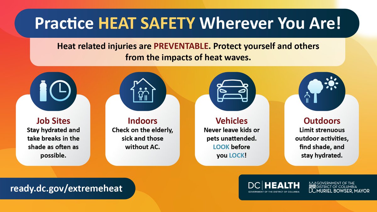 _DCHealth's tweet image. Beat the heat! Stay hydrated, limit sun exposure, and check on seniors, neighbors, and pets. Visit heat.dc.gov for more tips!