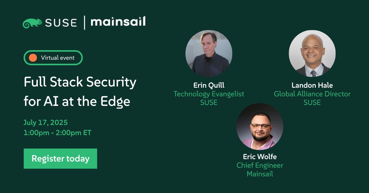 👉 Learn how #SUSE and Mainsail are teaming up to provide a full-stack security solution for private and enterprise AI. ✅ Discover how we deliver secure, auditable AI capabilities with complete data control. 🔗 Don't miss out – reserve your spot now: okt.to/nlZe6B