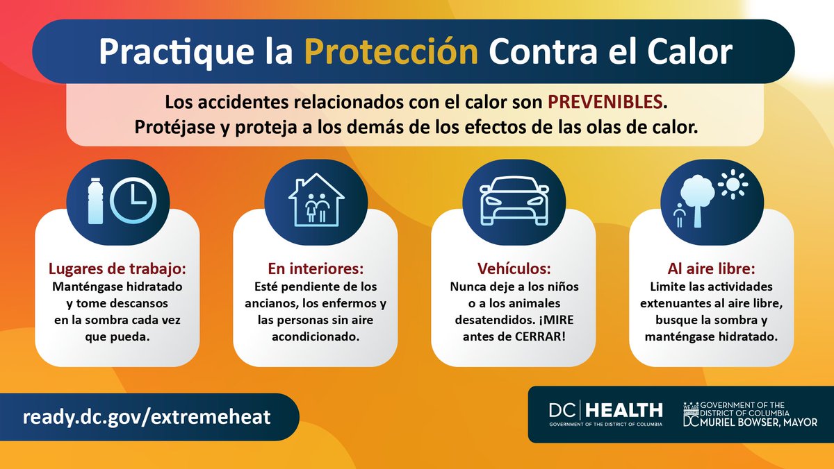 _DCHealth's tweet image. Beat the heat! Stay hydrated, limit sun exposure, and check on seniors, neighbors, and pets. Visit heat.dc.gov for more tips!