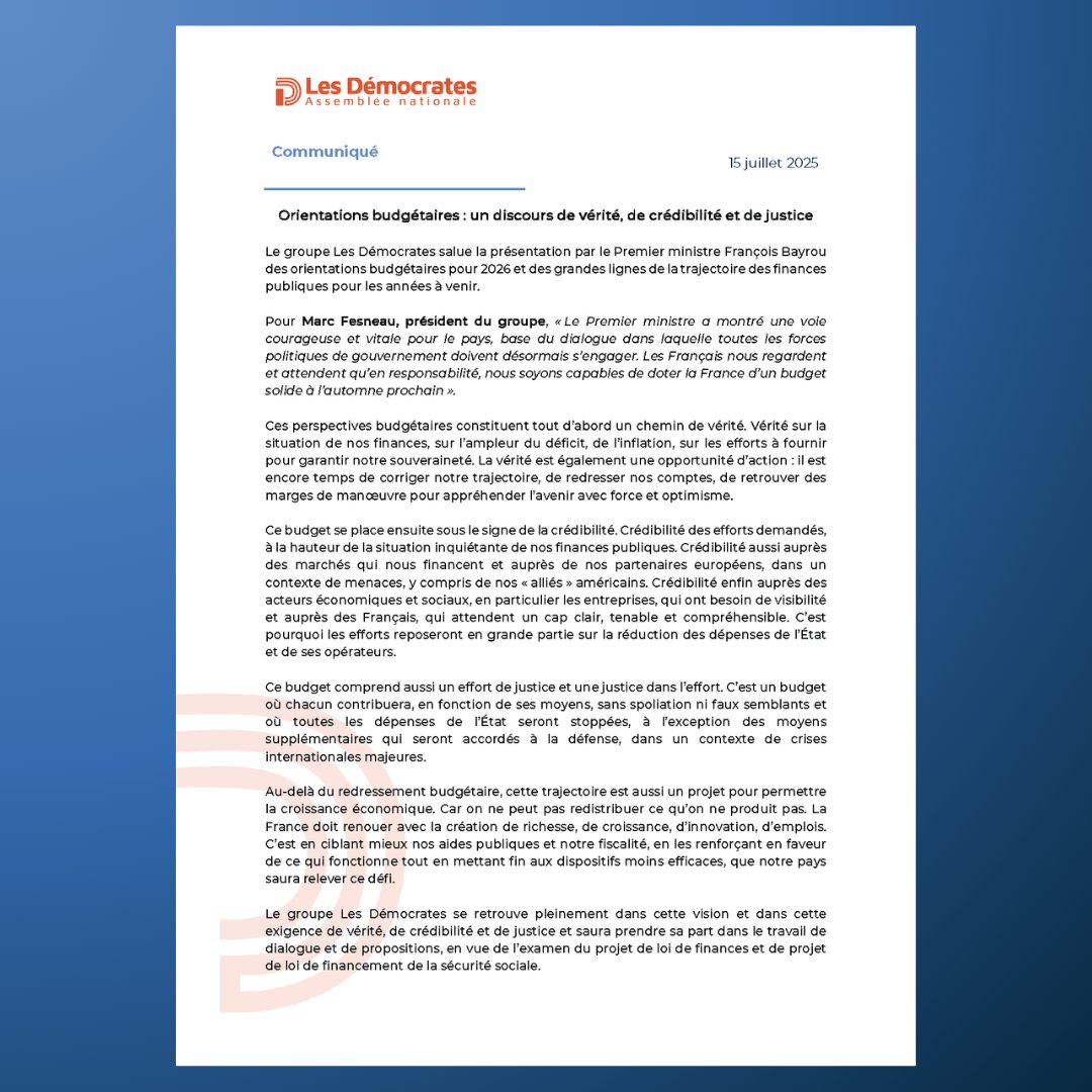Les Démocrates (@deputesdem) on Twitter photo 📢 Orientations budgétaires : un discours de vérité, de crédibilité et de justice.
Retrouvez le communiqué du groupe les Démocrates ⬇️
Le groupe Les Démocrates salue la présentation par le Premier ministre François <a href="/bayrou/">François Bayrou</a> des orientations budgétaires pour 2026 et des grandes 📢 Orientations budgétaires : un discours de vérité, de crédibilité et de justice.
Retrouvez le communiqué du groupe les Démocrates ⬇️
Le groupe Les Démocrates salue la présentation par le Premier ministre François <a href="/bayrou/">François Bayrou</a> des orientations budgétaires pour 2026 et des grandes