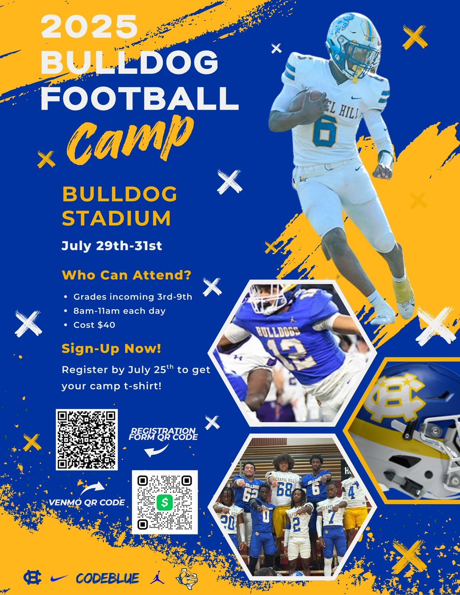 Back by popular demand…..the best football camp in #bEASTx! We are excited to develop YOUR student-athlete to be their very best! Sign-up now to get your camp t-shirt! Bulldog Football is here! 🐶❤️🗣️🏈☀️

#CodeBlue | #Ohana | #F5in25 | #WeGotDogs