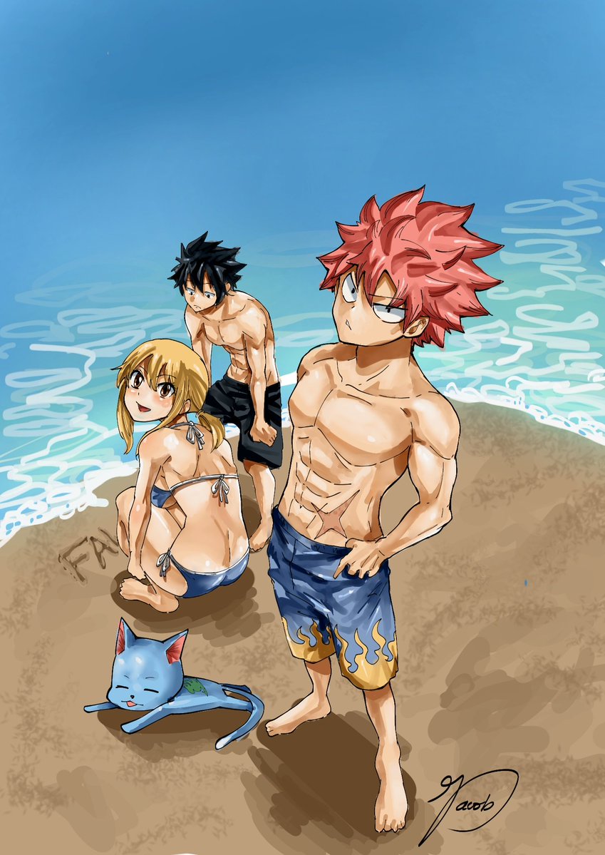 jacob_shonen888's tweet image. J'ai fait un petit dessin de Natsu Grey Lucy et Happy à la plage.
#fairytail
