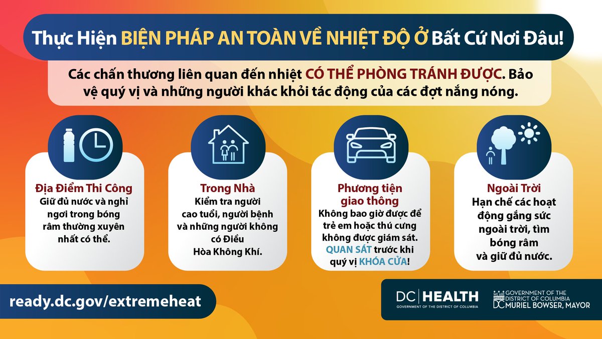 _DCHealth's tweet image. Beat the heat! Stay hydrated, limit sun exposure, and check on seniors, neighbors, and pets. Visit heat.dc.gov for more tips!
