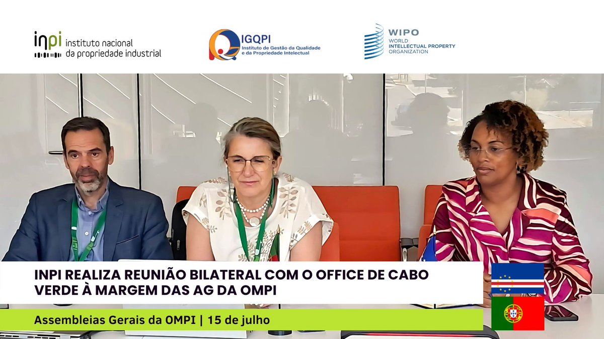 O INPI realizou hoje uma reunião bilateral, em formato híbrido, com o Instituto de Gestão da Qualidade e da Propriedade Intelectual de Cabo Verde onde estiveram presentes a Presidente do Conselho Diretivo do INPI, Ana Bandeira, e a Presidente o IGQPI, Ana Paula Spencer.

#wipoGA