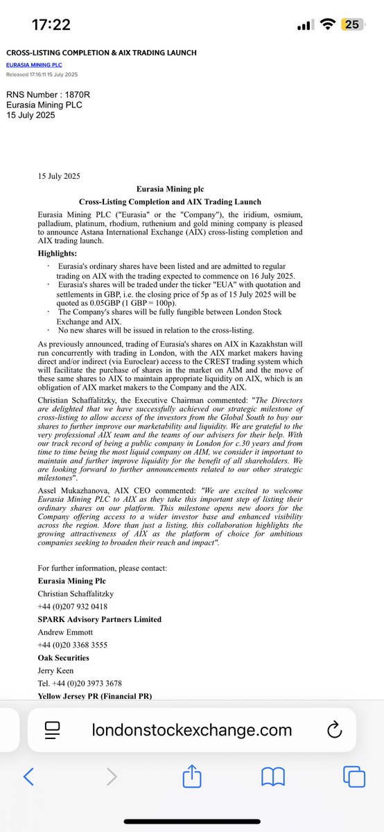 🚨MASSIVE MILESTONE for Eurasia Mining🚨cross-listing on AIX completed, a strategic move to unlock serious upside potential. Well done Christian and board 👏🏻

#EUA #EurasiaMining #AIX #MiningStocks #platinum #palladium #nickel