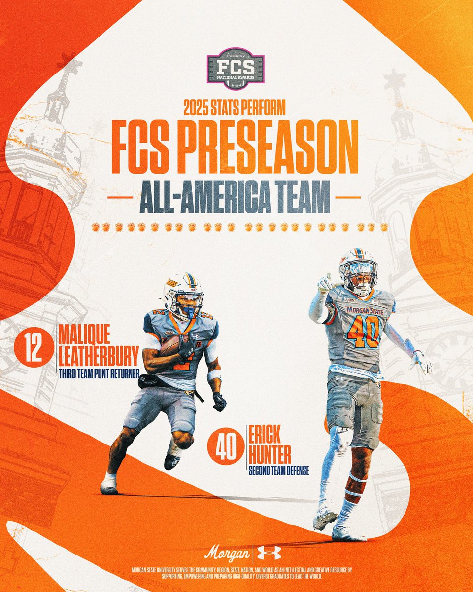 MorganStBears's tweet image. 🐻🏈Two Bears Snag FCS All-America Spotlight; Hunter and Leatherbury named to Stats Perform FCS Preseason All-America Team👏

▶︎ shorturl.at/WDd5y
@MEACSports | @UnderArmour
#GoBears🔷🔶