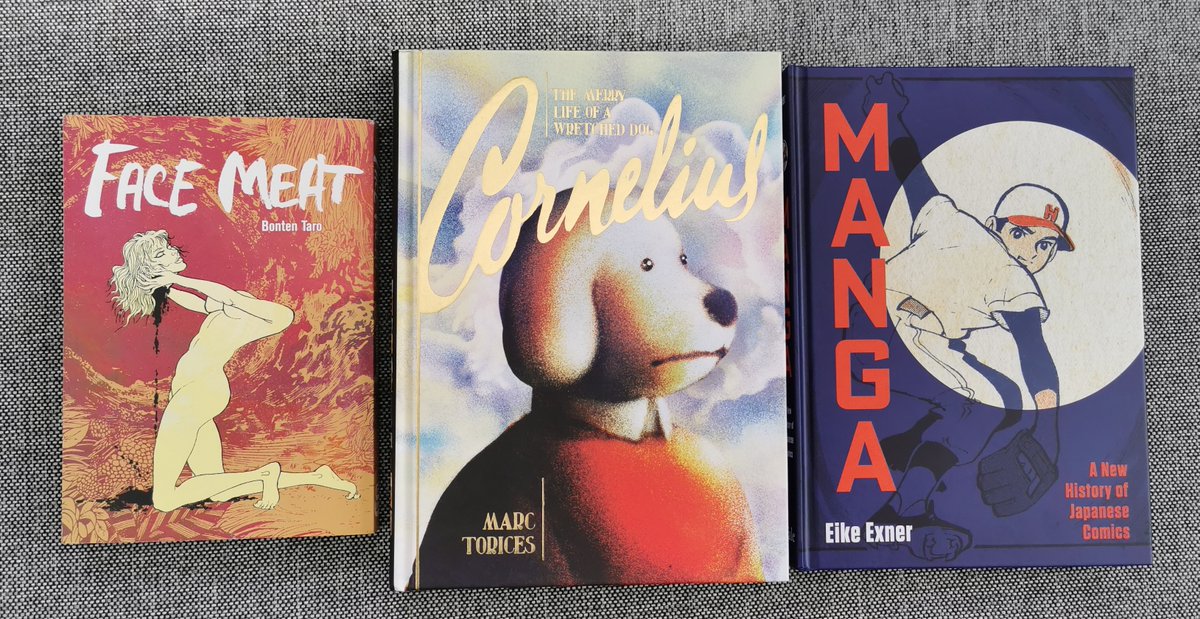 M0RD3N's tweet image. Comic book deliveries never stop! Another package arrived has arrived. Bonten Taro's Face Meat translated by @mangaberg, Cornelius: The Merry Life of a Wretched Dog by Marc Torices published by @DandQ and Eike Exner's Manga: A New History of Japanese Comics.