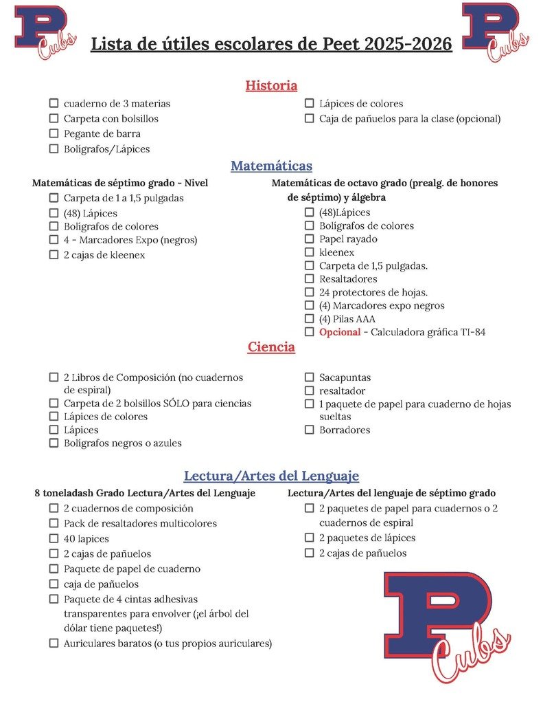 PJH 2025/2026 School Supply List