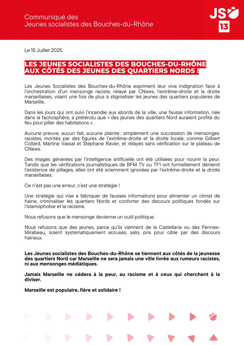 JeunesSoc13's tweet image. Contre les fausses informations diffusées par l’extrême-droite et la droite marseillaises ! ↙️↙️↙️
Retrouvez notre communiqué :
