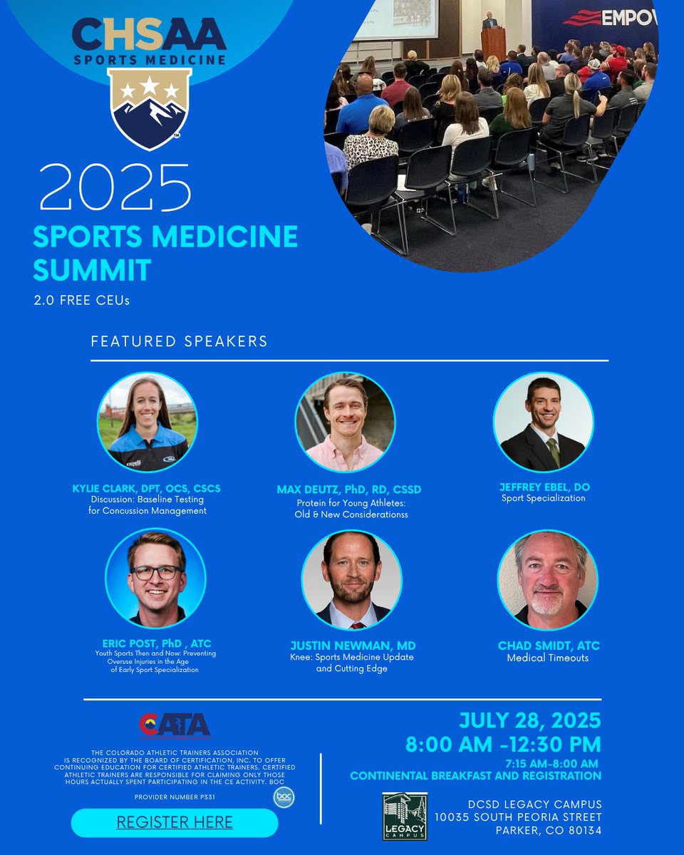 Join us and our partners at <a href="/CHSAA/">CHSAA</a> for the Sports Medicine Summit! July 28th, 2.0 FREE CEUs                          RSVP Today! fs16.formsite.com/grAehi/fyktbo7…