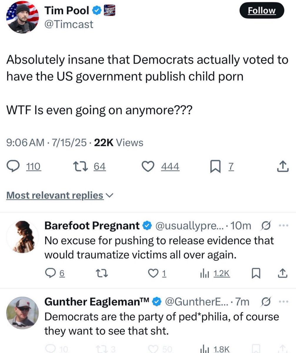 Releasing the Epstein files is not “publishing child porn” <a href="/Timcast/">Tim Pool</a>. You guys are really determined to die on the hill of protecting pedophiles, though, huh?