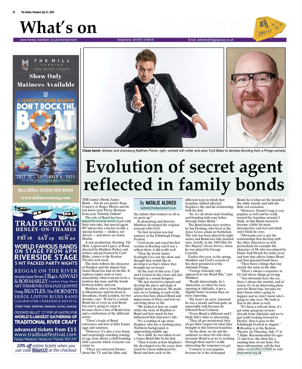 BondingShow's tweet image. Hot off the press!
You can read all about Bonding in this interview with the show's director Matthew Parker in this week's Henley Standard! Read the full article - henleystandard.co.uk/news/theatre/1…
Haven't got your tickets yet? Head to BondingShow.com to find a show near you!