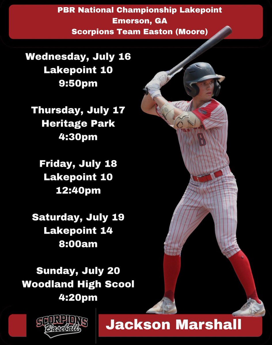 Jackson Marshall (@jksnmarshall) on Twitter photo Pool play schedule for <a href="/ScorpionsBsb1/">Scorpions HS Baseball</a> Team Easton (Moore) this week at the <a href="/pbr_georgia/">PBR Georgia</a> <a href="/PBRTournaments/">Prep Baseball Tournaments</a> 17U National Championship #17uNat25
<a href="/andreworr46/">Andrew Orr</a> <a href="/LakeCreekBall/">Lake Creek Baseball</a> <a href="/NextLVLSouth/">Next Level Prospects South</a> <a href="/NextLVLProspect/">Next Level Prospects</a> <a href="/PB_Uncommitted/">Prep Baseball Uncommitted</a> <a href="/PrepBaseball_TX/">Prep Baseball Texas</a> <a href="/PBRTX_Scouting/">PBR Texas Scouting</a> <a href="/LakePointSports/">LakePoint Sports</a> <a href="/PBRGowins/">Brandon Gowins</a> Pool play schedule for <a href="/ScorpionsBsb1/">Scorpions HS Baseball</a> Team Easton (Moore) this week at the <a href="/pbr_georgia/">PBR Georgia</a> <a href="/PBRTournaments/">Prep Baseball Tournaments</a> 17U National Championship #17uNat25
<a href="/andreworr46/">Andrew Orr</a> <a href="/LakeCreekBall/">Lake Creek Baseball</a> <a href="/NextLVLSouth/">Next Level Prospects South</a> <a href="/NextLVLProspect/">Next Level Prospects</a> <a href="/PB_Uncommitted/">Prep Baseball Uncommitted</a> <a href="/PrepBaseball_TX/">Prep Baseball Texas</a> <a href="/PBRTX_Scouting/">PBR Texas Scouting</a> <a href="/LakePointSports/">LakePoint Sports</a> <a href="/PBRGowins/">Brandon Gowins</a>
