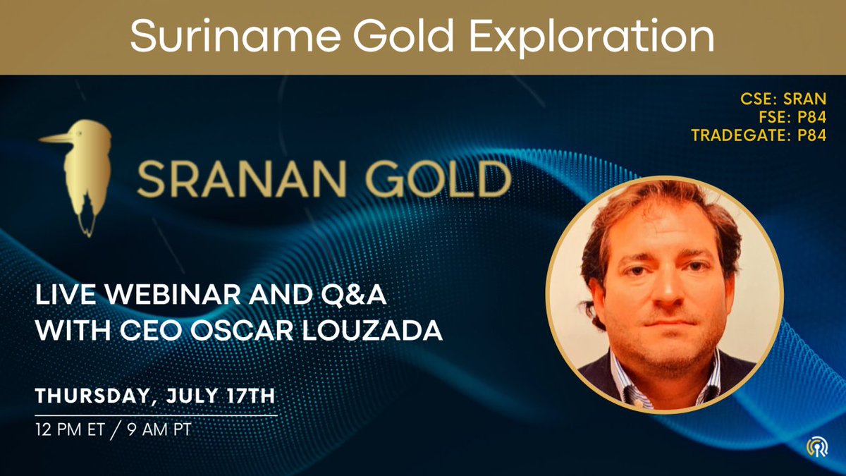 SrananGold's tweet image. Join Sranan CEO Oscar Louzada on a webinar on July 17. He will provide an overview of our Tapanahony Project in Suriname, its resource potential, and a sufficiently funded drilling campaign that is set to commence imminently.
Register here: us02web.zoom.us/webinar/regist…
#gold #mining