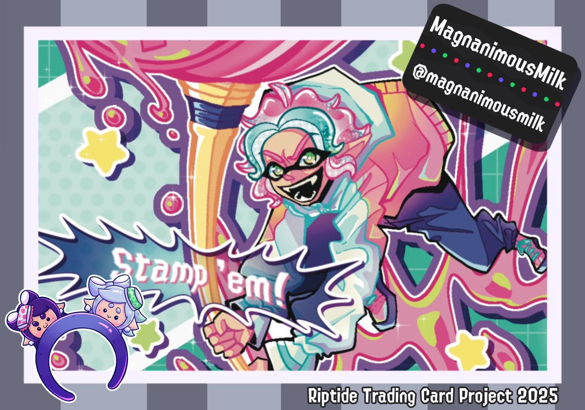 splatLANart's tweet image. Up next is @magnanimousmilk!
"I'm honored to return to this project! This scene is full of so many amazing members and getting to meet them is a fun and heart warming experience every time."
This is Milk's second year coming back! Honor it by getting their card at Riptide! π©·