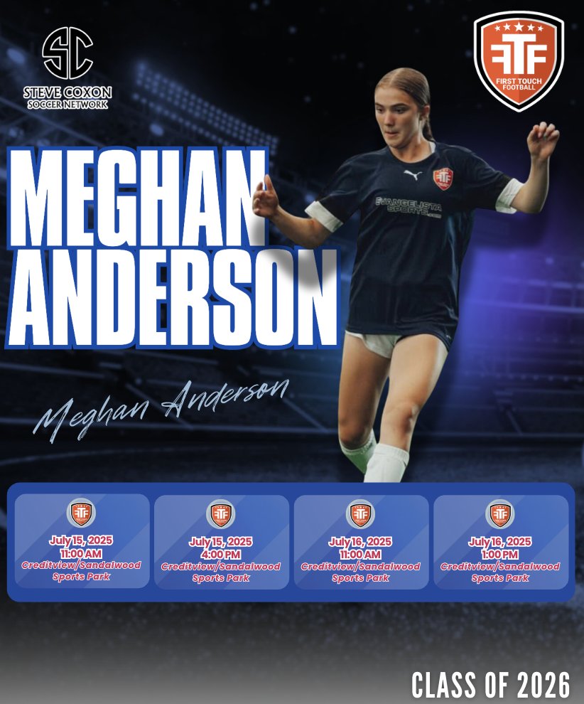 Steve Coxon Soccer Network (@stevecoxoncsn) on Twitter photo Catch <a href="/Meghan15soccer/">Meghan Andersen</a> at the FTF Showcase in Toronto, Canada!
A versatile and talented defender, Meghan shines as both a Center Back and a Full Back/Wingback, combining skill, strength, and intelligence on the field.
Quick Facts:
Position: Center Back / Full Back
Nationality: Catch <a href="/Meghan15soccer/">Meghan Andersen</a> at the FTF Showcase in Toronto, Canada!
A versatile and talented defender, Meghan shines as both a Center Back and a Full Back/Wingback, combining skill, strength, and intelligence on the field.
Quick Facts:
Position: Center Back / Full Back
Nationality: