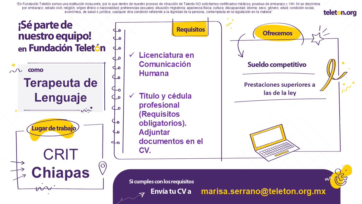 🎯 ¡ÚNETE AL EQUIPO CRIT CHIAPAS!

¿Quieres formar parte de una causa que transforma vidas?

En Teletón buscamos personas con vocación, compromiso y pasión por el servicio.

📩 Envía tu currículum a: marisa.serrano@teleton.org.mx

💛 Sé parte del cambio.