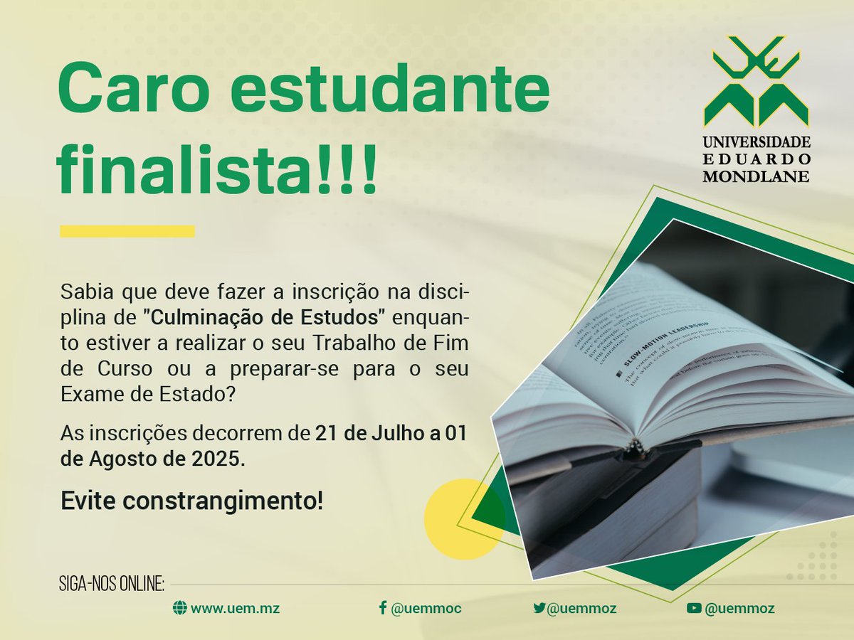 Caros estudantes,
Atenção ao prazo para efectuar a inscrição para 2º semestre:
21 de Julho a 01 de Agosto de 2025.