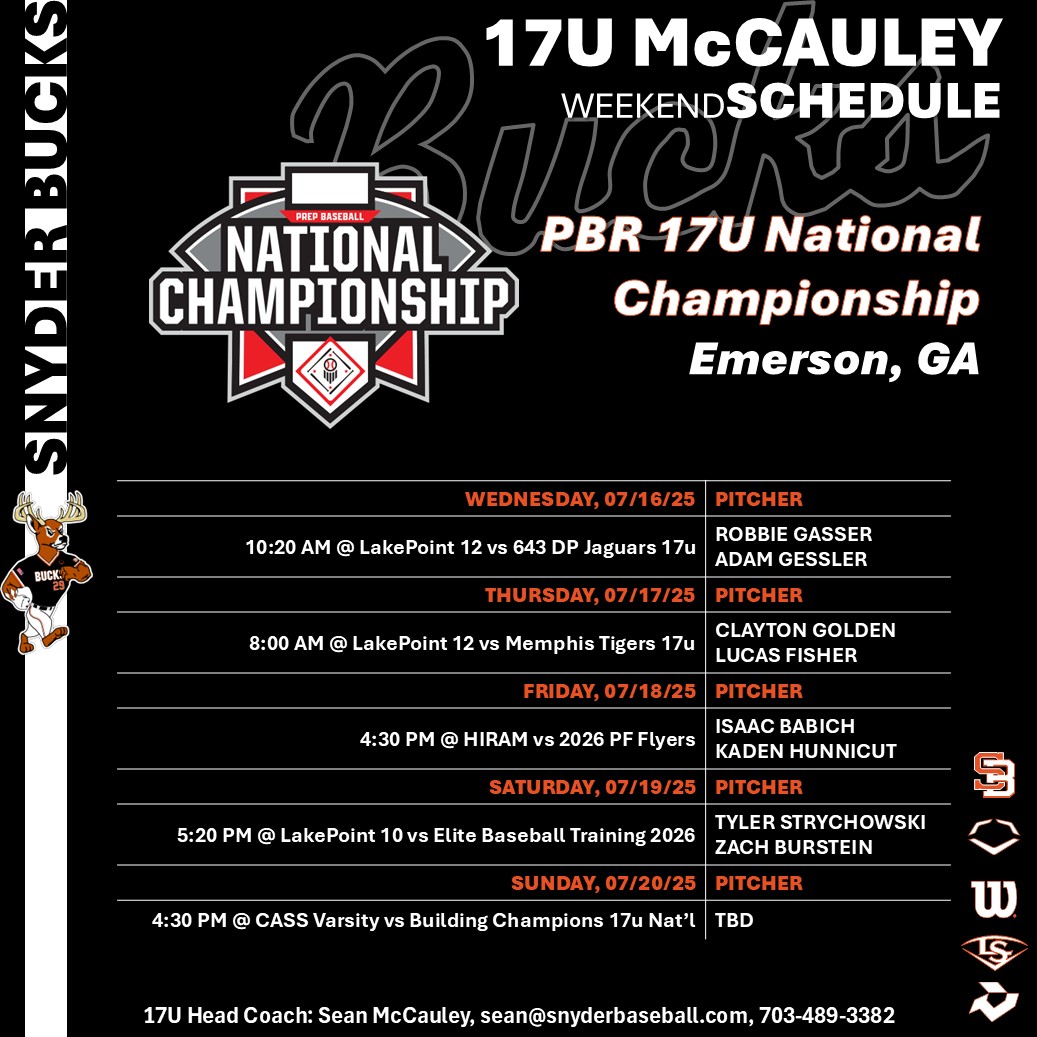 Snyder Baseball (@snyderbaseball) on Twitter photo Snyder Bucks 17U McCauley Schedule
The 17U Team is heading down to <a href="/LakePointSports/">LakePoint Sports</a> for the <a href="/PBRTournaments/">Prep Baseball Tournaments</a> 17U National Championships.
First game is 10:20AM at LakePoint 12.
Good Luck Bucks!!!
<a href="/NextLVLProspect/">Next Level Prospects</a>
<a href="/NextLVLSouth/">Next Level Prospects South</a>
<a href="/sean_mac89/">Sean McCauley</a>
<a href="/MMESS86/">Matt Messinger</a> Snyder Bucks 17U McCauley Schedule
The 17U Team is heading down to <a href="/LakePointSports/">LakePoint Sports</a> for the <a href="/PBRTournaments/">Prep Baseball Tournaments</a> 17U National Championships.
First game is 10:20AM at LakePoint 12.
Good Luck Bucks!!!
<a href="/NextLVLProspect/">Next Level Prospects</a>
<a href="/NextLVLSouth/">Next Level Prospects South</a>
<a href="/sean_mac89/">Sean McCauley</a>
<a href="/MMESS86/">Matt Messinger</a>