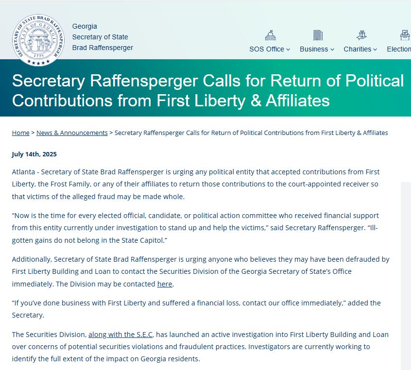 patriot2392's tweet image. WILL BRAD RAFFENSPERGER RETURN THE MONEY HE GOT FROM THE FROST FAMILY?
Following the collapse of First Liberty Building and Loan and the revelations surrounding a Ponzi scheme being run by Brant Frost IV, Secretary of State Brad Raffensberger posted a note on the Secretary of…