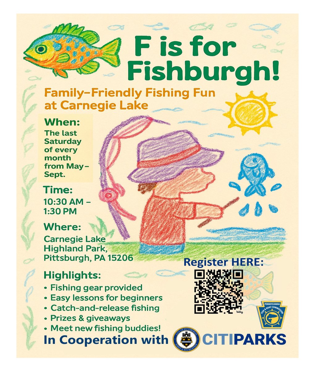 CitiParks's tweet image. F is for Fishburgh and Fishburgh Outdoors!
Reel in the fun on Saturday, July 26, 2025 (And the last Saturday of every month through September)
Lake Carnegie in Highland Park
10:30 AM-1:30 PM
Use QR Code or REGISTER HERE: fishburgh.com
@radworkshere @Pittsburgh