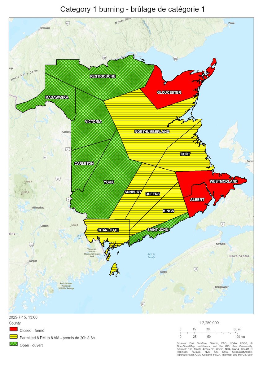 NBForestFires's tweet image. Burning conditions are valid from 2 PM July 15 to 2 PM July 16. The following counties are closed for burning: Albert, Gloucester, Westmorland. The following counties are open for burning: Carleton, Madawaska, Restigouche, Saint John, Victoria, York. In all other counties burning…