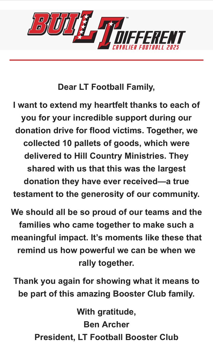 When a community comes together, incredible things happen. 💪🏽❤️ 10 pallets of donations—the largest ever received by Hill Country Ministries—thanks to the unwavering support of our LT Football Family.